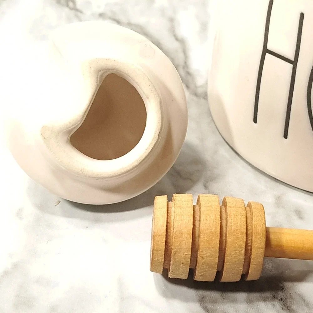 Rae Dunn Ceramic HONEY‎ Pot/ Jar With Wooden Honey Dipper  & Yellow Bee Lid